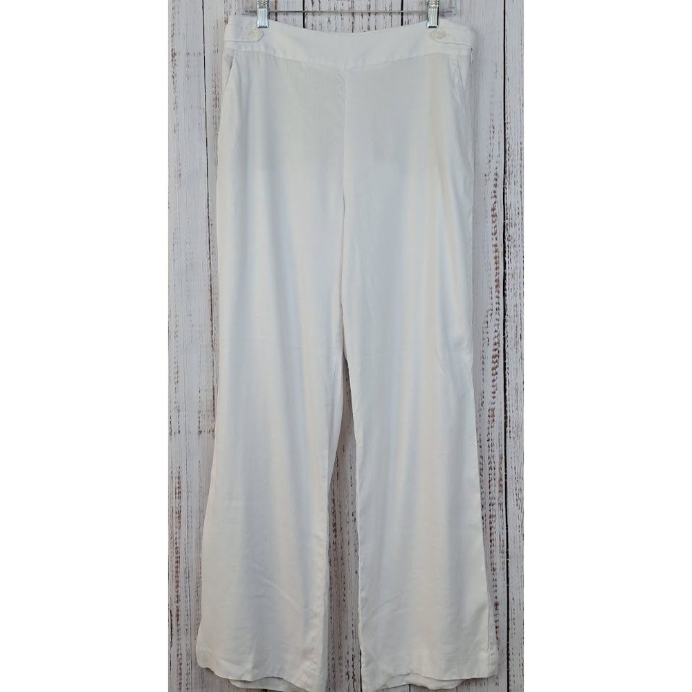 Talbots Curvy 10 Wide Leg Linen Blend Pants White Side Zip Button Tab Coastal